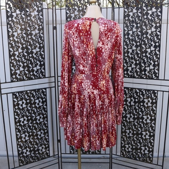 Free People Heartbeats Mini Skater Dress in Elegant Red Floral Print,Long Sleeve - Picture 2 of 8